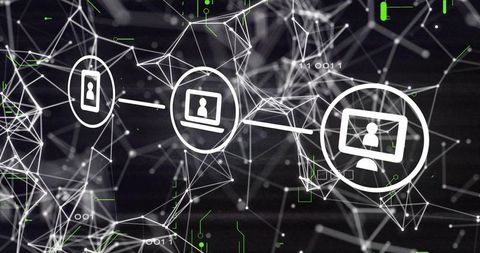 Futuristic Cyberspace Network with Device Icons and Mesh Lines