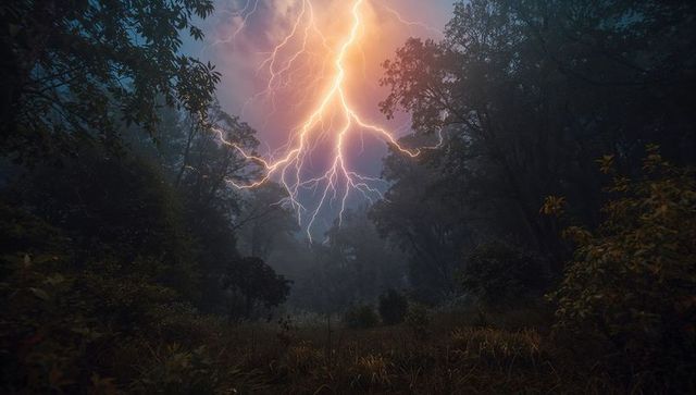 Dramatic Lightning in Misty Forest at Night