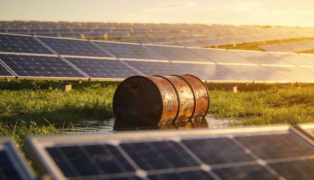 Rusted oil drum lying amid solar panels at sunset, reflecting pollution vs renewable energy