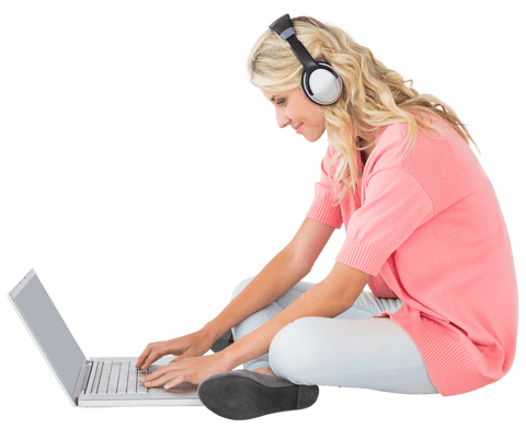 happy woman communicating on laptop with headphones, transparent background - Download Free Stock Videos Pikwizard.com