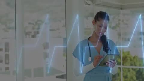 Female Nurse with Digital Tablet Animating ECG Heartbeat Line