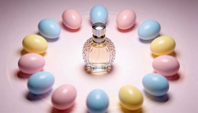 Faceted perfume bottle ringed by pastel easter eggs on soft pink backdrop
