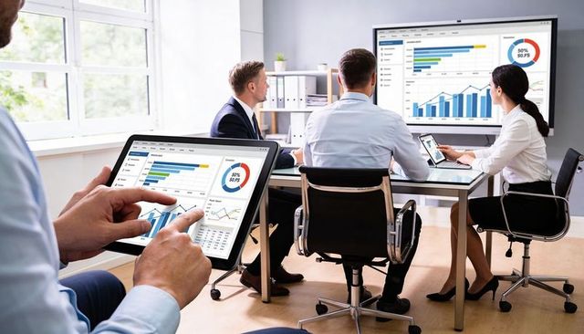 Business team reviewing analytics on tablet and screen presenting data-driven insights