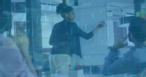 Businesswoman Presenting Data to Team with Overlaid Financial Graphics