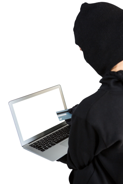 Caucasian Thief Using Laptop with Credit Card Isolated on Transparent Background - Download Free Stock Videos Pikwizard.com