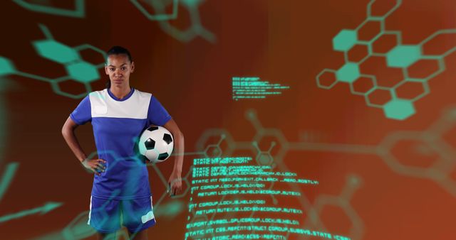 Female soccer player holding football in hand with digital holographic data and polygonal structure background. Useful for technology in sports, futuristic concepts, data analysis in athletics, and promoting women in sports.