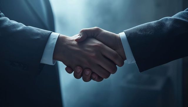 Business handshake showing professional agreement between executives in dark suits