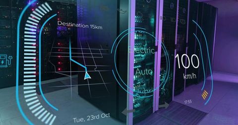 Augmented reality hud over data center server racks showing telemetry navigation and speed