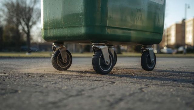 Green wheeled bin resting on cracked asphalt with scuffed caster wheels and drifting dust