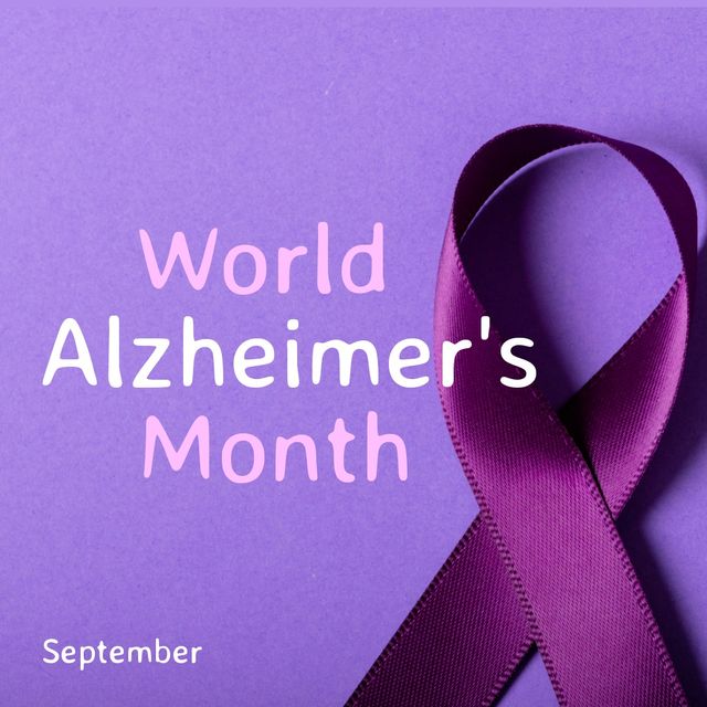 Composite of purple awareness ribbon and world alzheimer's month with september text, copy space. purple background, support, disease, healthcare, awareness and campaign concept.