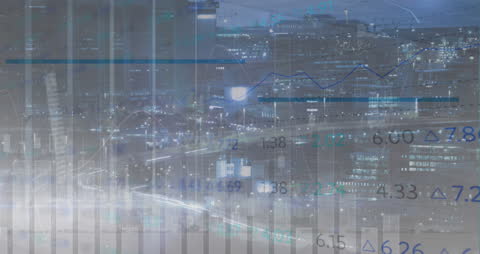 Digital Data Processing Animation Over Cityscape