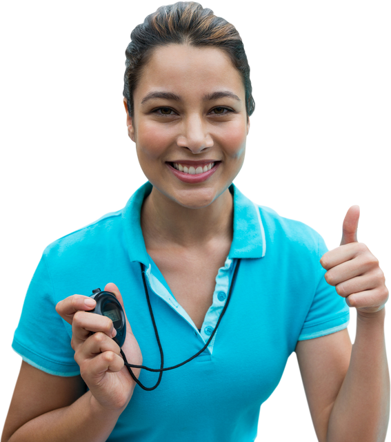 Optimistic Female Trainer Holding Stopwatch and Giving Thumbs Up Transparent Background - Download Free Stock Videos Pikwizard.com