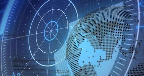 Dotted globe overlaid with futuristic radar hud, geospatial telemetry visualization