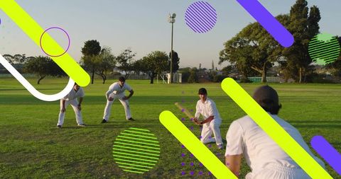 Cricket fielding practice on grassy park with neon yellow and purple graphic overlays