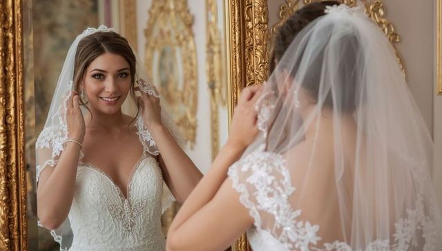 Bride adjusting veil in gold-framed mirror wearing lace couture gown and tiara