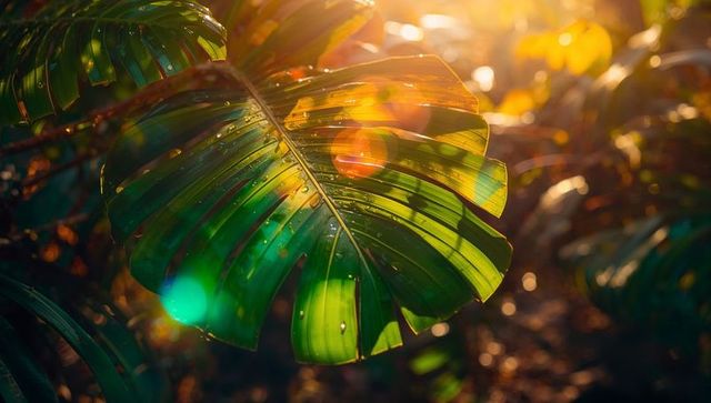 Glowing Tropical Foliage with Morning Dew and Lens Flares