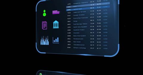 Futuristic Holographic Financial Dashboard Displaying Curved Transparent Data Panel UI