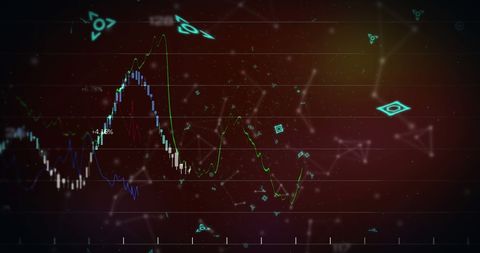 Digital Financial Graph with Tech Symbols on Red Background - Download Free Stock Images Pikwizard.com