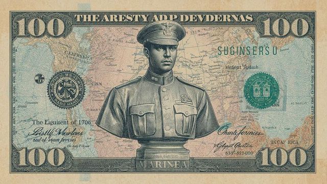 Vintage banknote depicting naval officer bust on antique map
