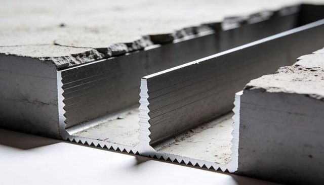 Displaying aluminum u-channel extrusion with serrated base and broken concrete macro detail