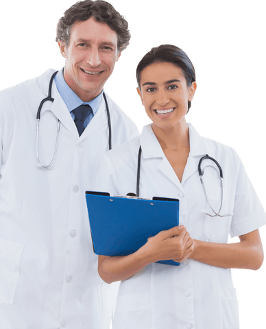 Happy doctors with stethoscopes and clipboard on transparent background
