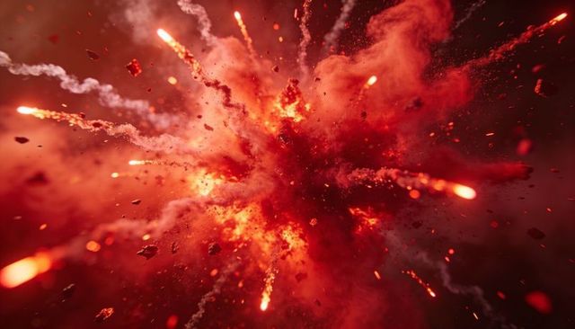 Exploding fiery core radiating embers and debris in cinematic red shockwave burst