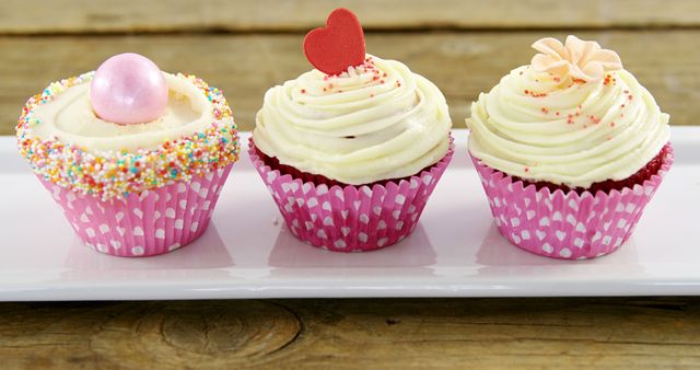 Three festive cupcakes with decorative frosting and topping on white plate - Download Free Stock Images Pikwizard.com