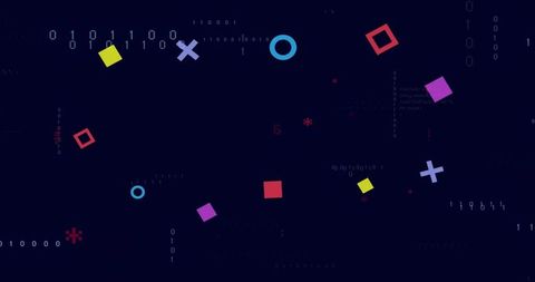 Floating neon geometric shapes showing binary code and abstract digital data visualization