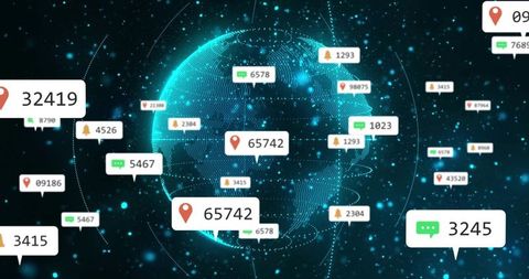 Futuristic Digital Globe Showing Live Network Alerts, Location Pins and Message Counters