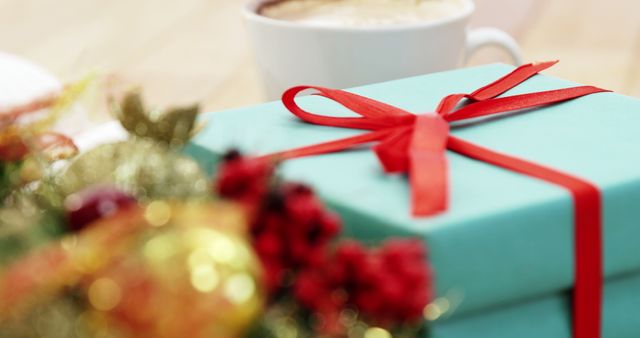 A festive holiday setting features a beautifully wrapped gift with a red ribbon, accompanied by a cup of coffee and Christmas decorations, with copy space. Warmth and generosity are evoked, suggesting a scene of gift-giving and cozy holiday moments.