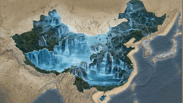 China Silhouette Seamlessly Blended with Scenic Waterfalls and Lush Forests