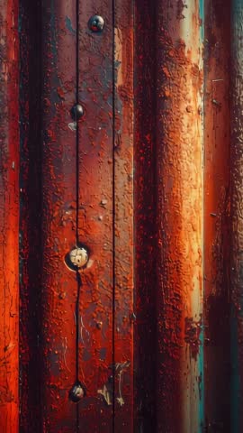 Panning upward over rusted container revealing rivets and peeling paint vertical texture