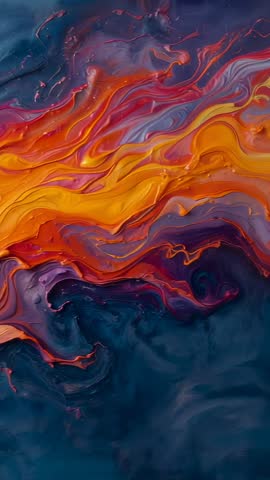 Vibrant molten swirl flowing across deep blue canvas vertical abstract fluid motion video