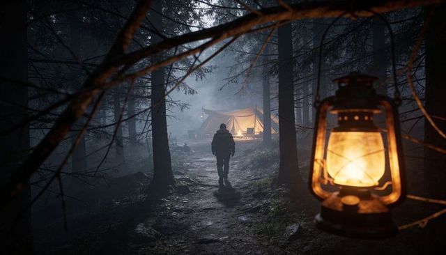 Solitary hiker walking through misty conifer forest toward glowing canvas campsite lantern at night