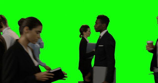 Business people walking and carrying tablets and coffee against a green screen background. Suitable for use in presentations, corporate videos, promotional materials, or any project requiring a professional office environment or scene highlighting diverse business professionals in motion. The green screen allows easy background customization.