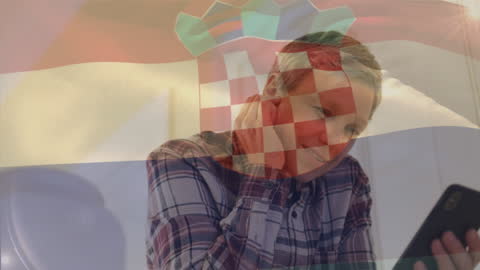 Joyful Woman Engaging on Tablet with Croatian Flag Overlay