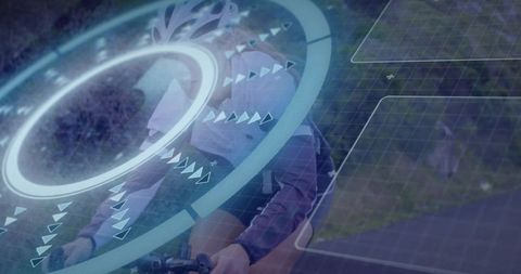 Female Cyclist on Forest Road with AR HUD Technology Overlay