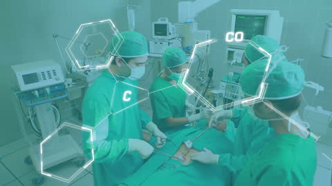 Surgical Team Performing Operation with Chemical Structure Overlay