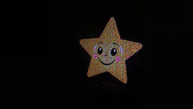 Pixelated smiling yellow star with rgb dither and retro tv glitch on black screen