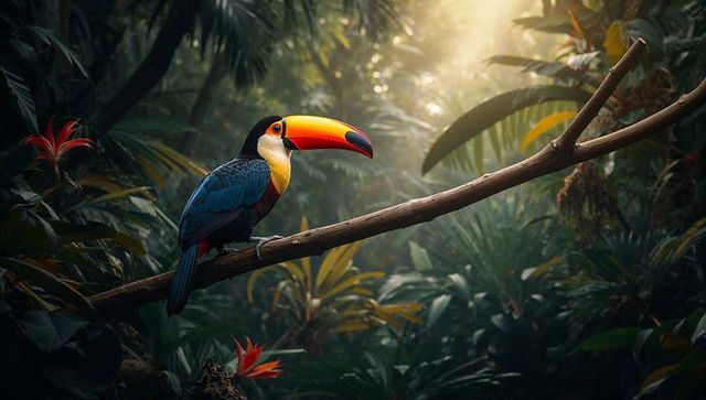 Perching toucan with vibrant orange bill on diagonal branch in tropical rainforest understory