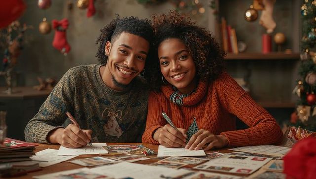 Smiling Couple Writing Holiday Cards in Festive Setting