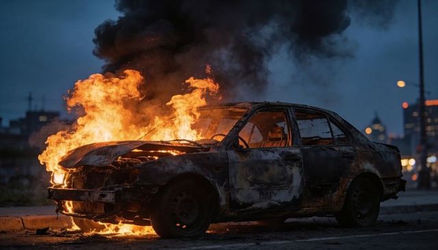 Burning sedan engulfing urban street at dusk with towering flames and thick smoke