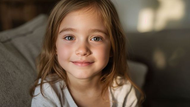 Intimate portrait of smiling hazel-eyed girl on living room sofa in warm natural light