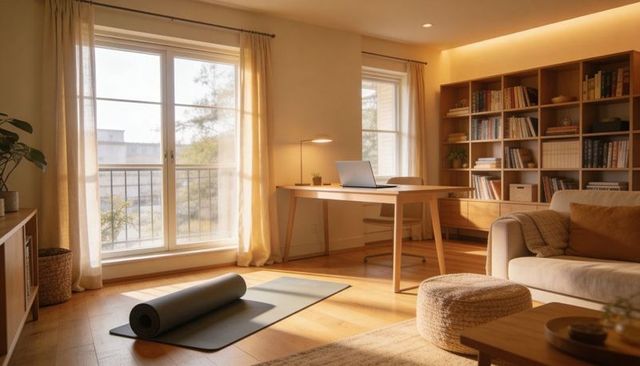 Sunlit nordic living room doubling as home office with rolled yoga mat and laptop on desk
