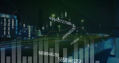 Financial data processing amid night city traffic