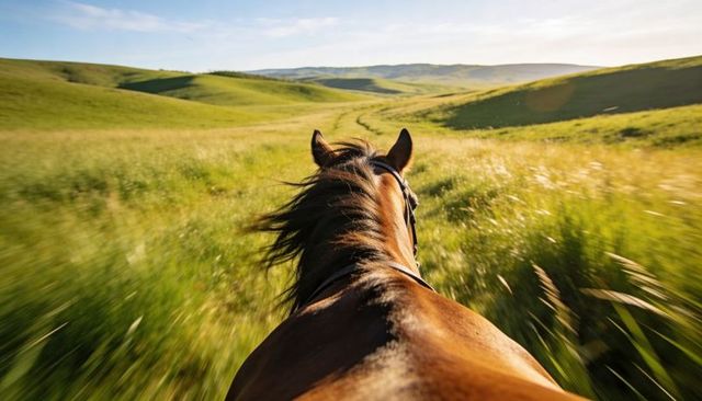 Galloping chestnut horse running through sunlit meadow pov, rider view with motion blur