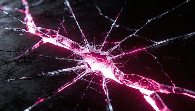 Glowing neon fissure radiating magenta light through jagged glass fracture