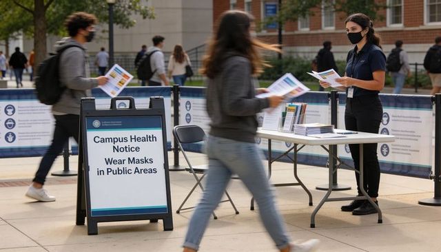 Campus health kiosk with masked staff distributing pamphlets to students on walkway