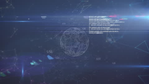 Digital Artwork of Glowing Rotating Globe with Data Processing Elements