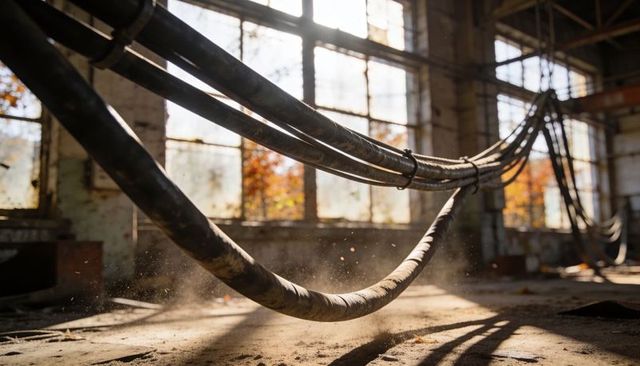 Sagging industrial power cables crossing abandoned factory hall with dust and sunlight
